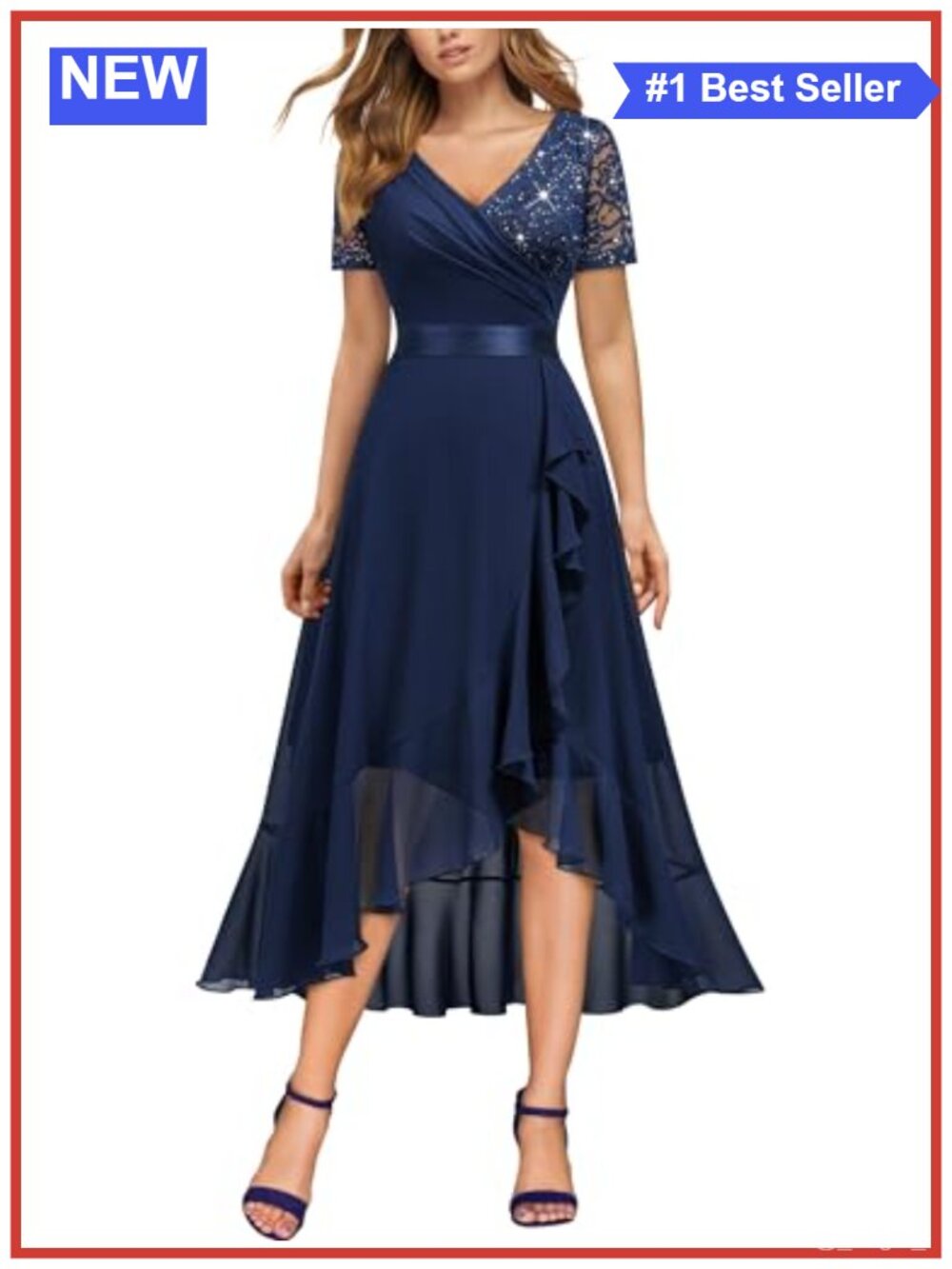 Formal V-Neck Sequin Lace Chiffon Ruffle Slit Evening Party Dress